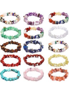 15-Piece Natural Gemstone Crystal Chip Bracelets Set - Stretch Jewelry for Women